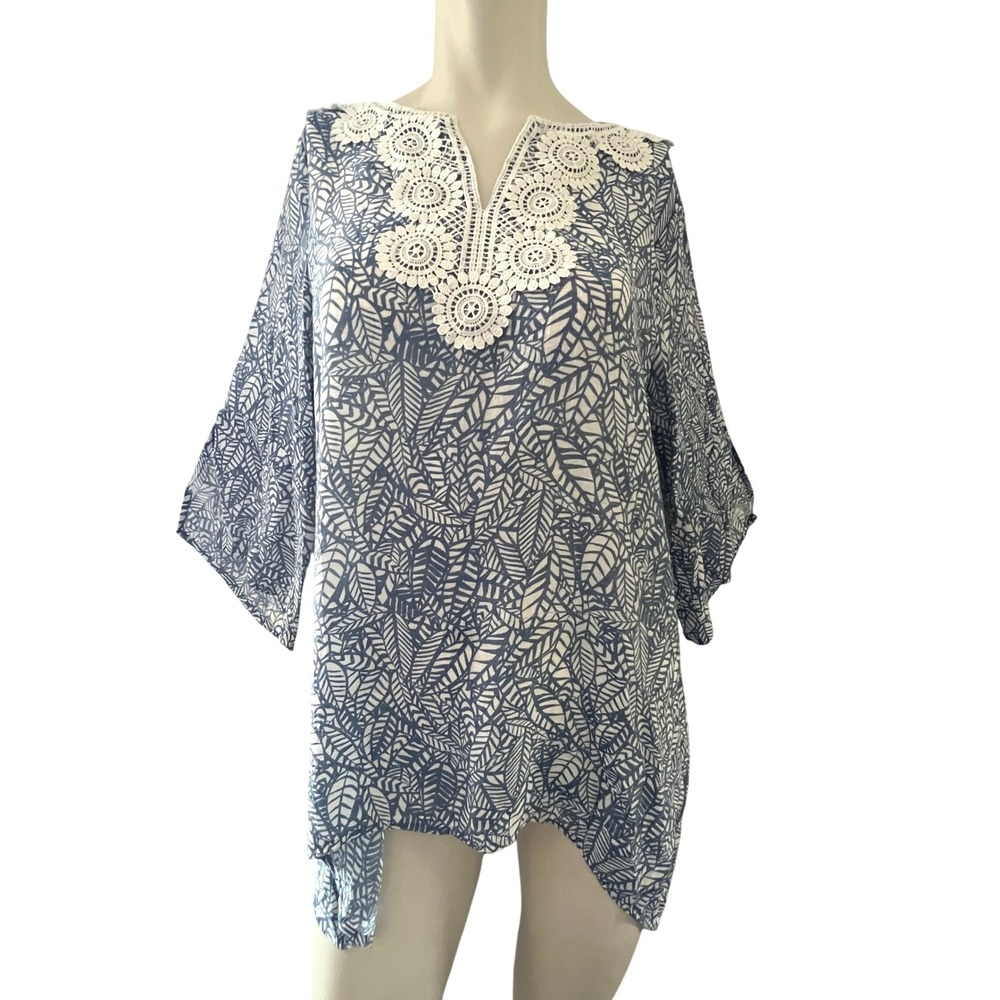 Robert Louis Top Size S Blue Leaf Boho Crochet Trim Tunic‎ Coquette Fairy Light